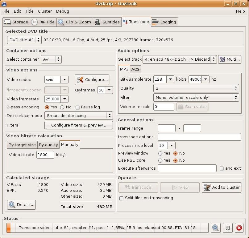 dvd::rip eskuliburua 5: Transcode