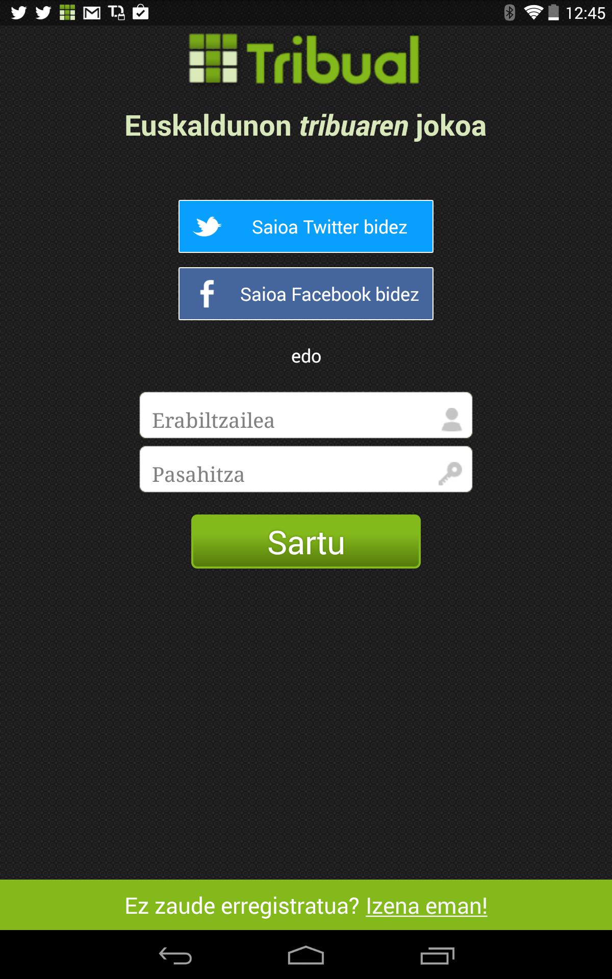 Tribual, login orria