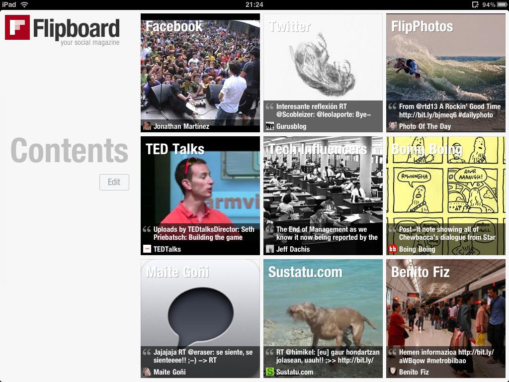 Flipboard, aurkibidea horizontalki