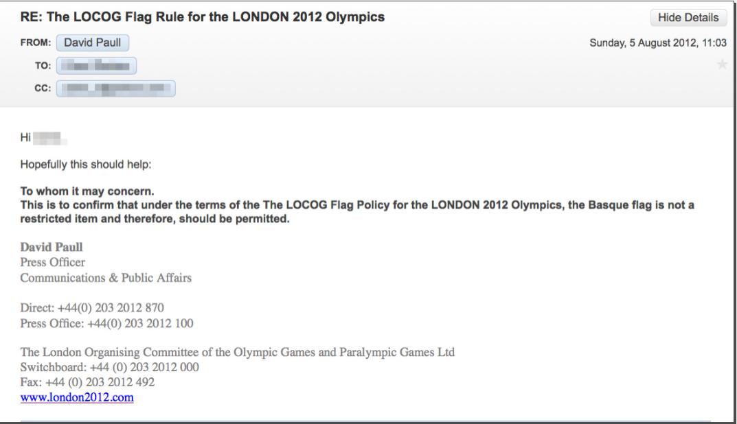 LOCOG: Baimena ikurrinarentzat