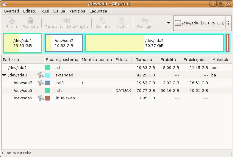 GParted erabilera.