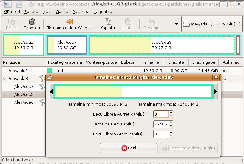 GParted erabilera.