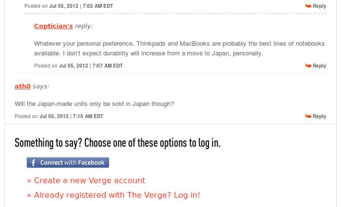 Iruzkinak eta login sistema The Verge-n