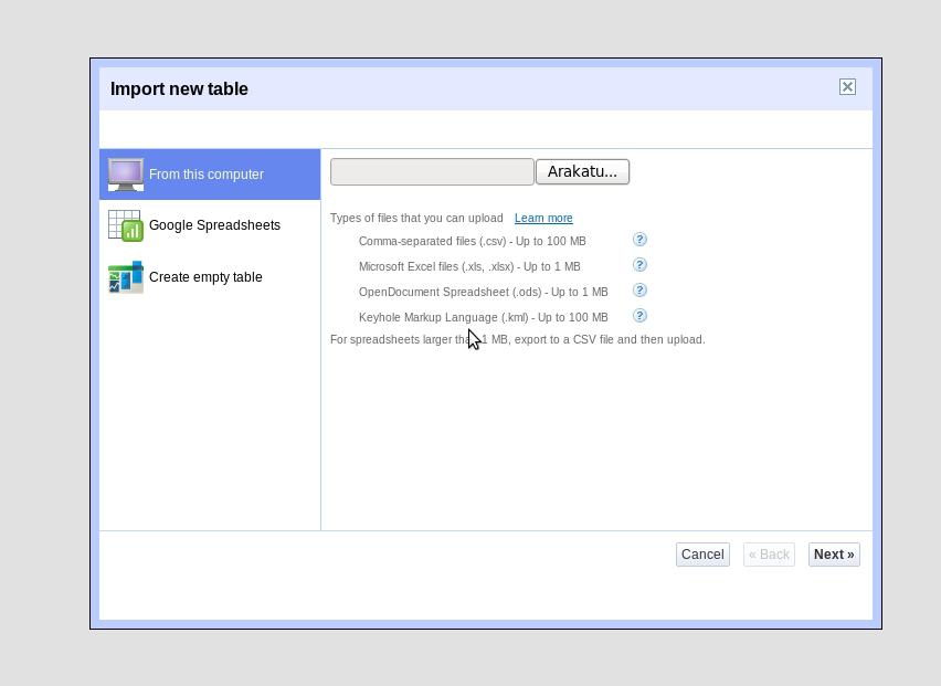 Fusion tables import