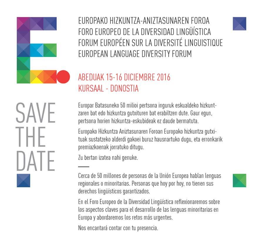 Europako Hizkuntza-Aniztasunaren Foroa. Abenduak 15-16. Kursaal. Donostia.
