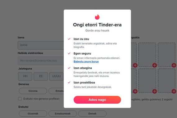 Tinder euskaratuta, behintzat web bertsioan