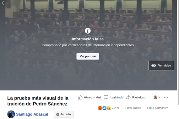 Bideo batzuen faltsutasuna markatzen hasi da Facebook Espainian
