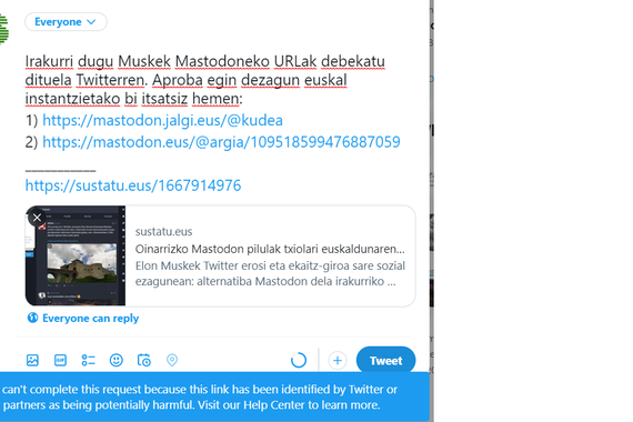 Twitterrek Mastodon.eus-eko estekak partekatzea debekatu du