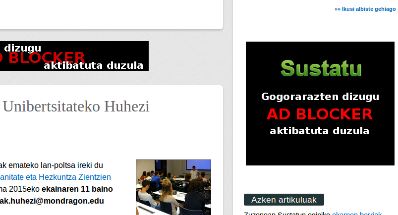 Adblocker detektatzaile bat jarrita edukiko bagenu Sustatun...