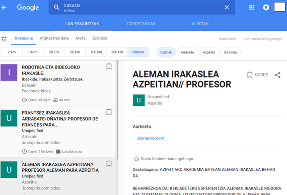 Enplegu bilaketako zerbitzua jarri du martxan Googlek (partzialki euskaraz)