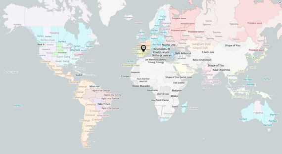 Munduan une oro gehien entzuten den musika, mapa batean irudikatuta