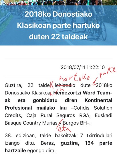 Donostiako txirrindularitza Klasikoaren webguneko euskara eskasa salatu dute