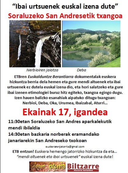 “Ibai urtsuenek euskal izena dute” txangoa igande honetan Soraluzen (Gipuzkoa)
