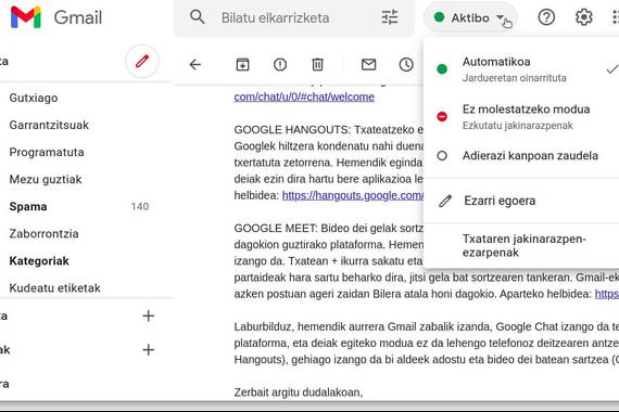 Berriketa aukerak aldatuta Gmail interfazean