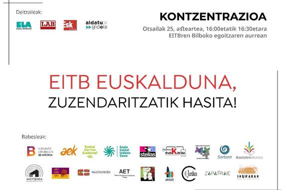 EITBko ardura postuetan euskara eskakizunaren aldeko elkarretaratzea bihar