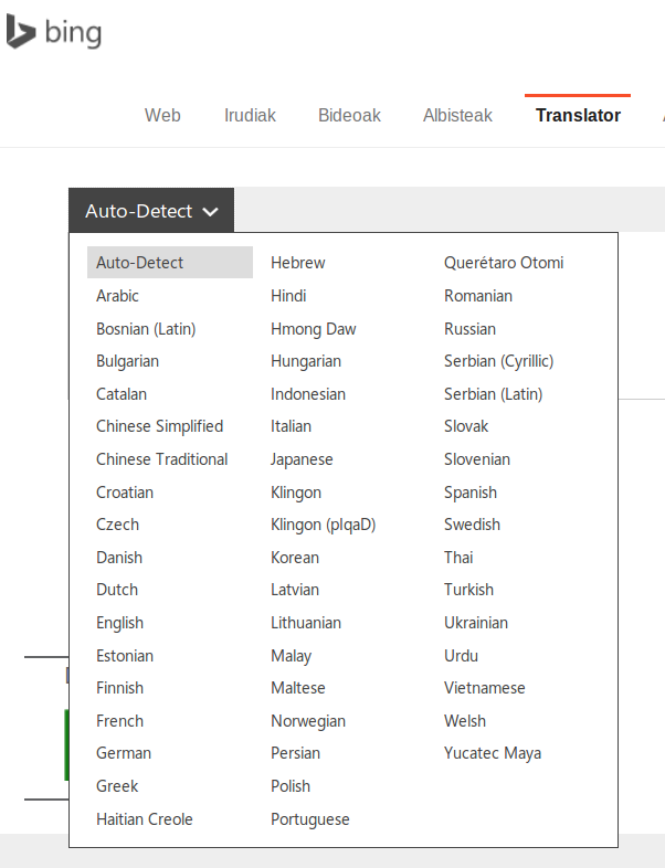 Bing-ek itzultzen dituen hizkuntzak