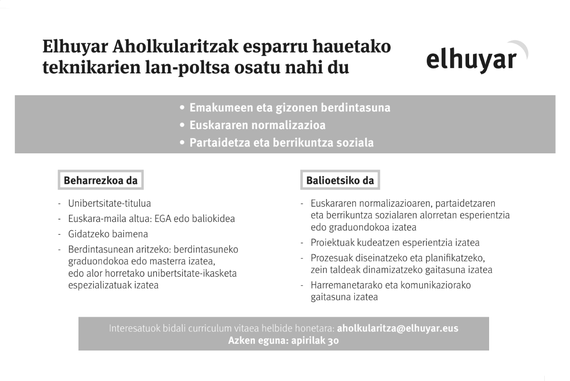 Lan-poltsa osatzeko deia egin du Elhuyar Aholkularitzak