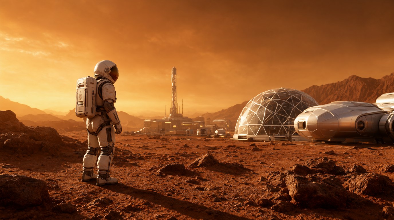 Astronauta bat Marteko base baten aurrean, Qwen-Image-2.1-ek sortua