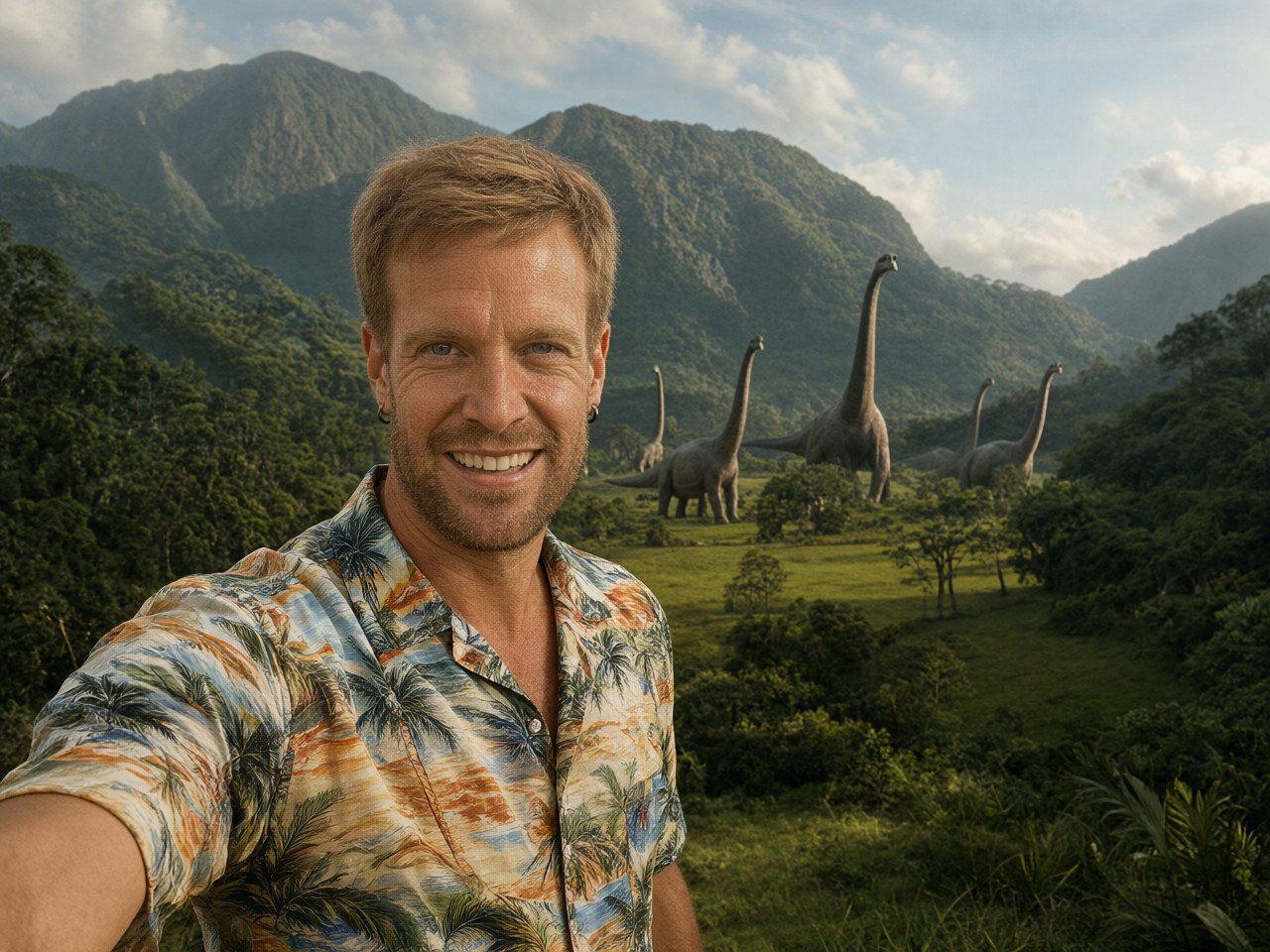 Qwen-Image-2.1-ek editatutako argazkia: dinosauroak atzealdean
