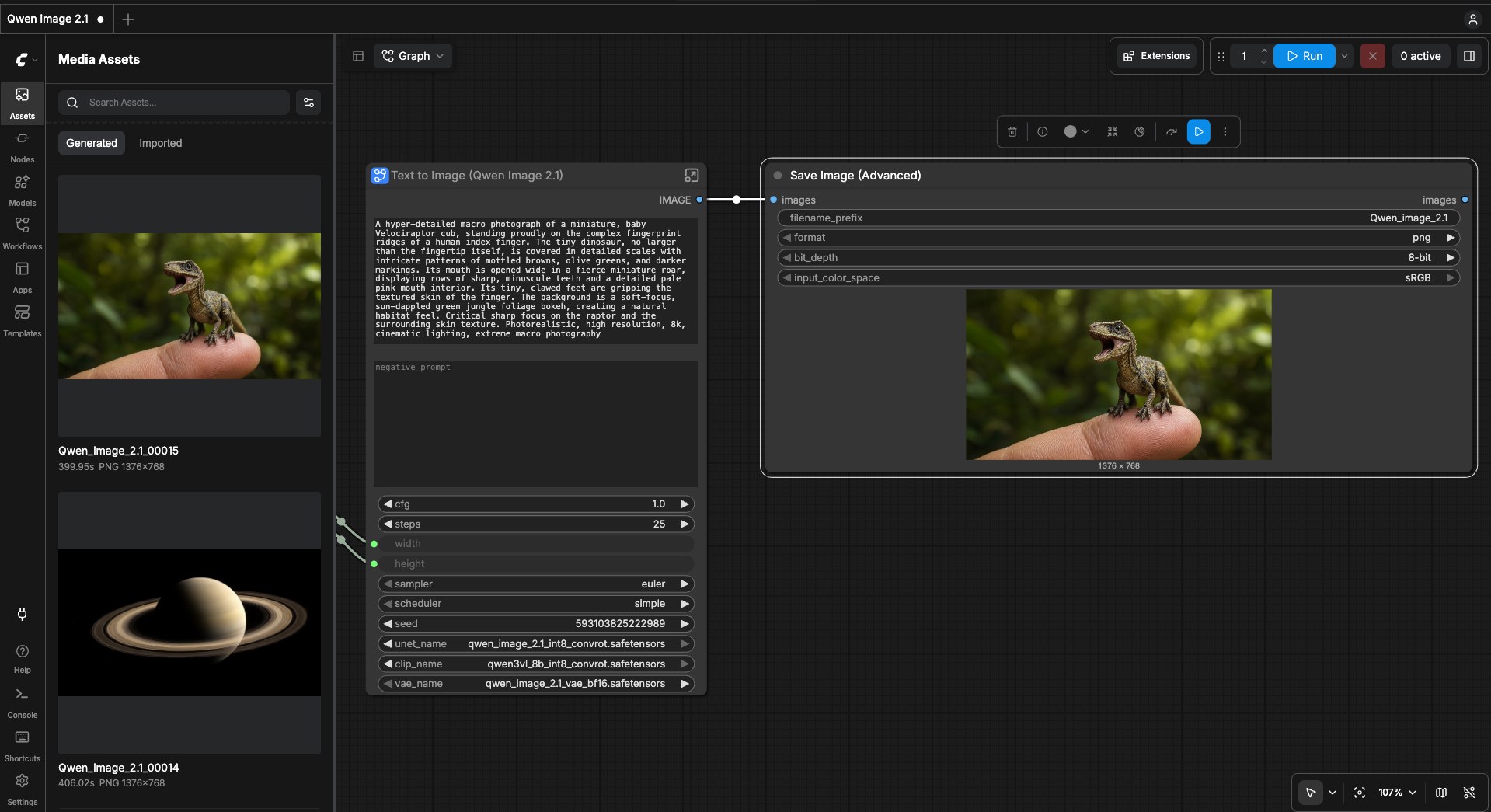 ComfyUI-ren Text to Image (Qwen Image 2.1) nodoa, promptarekin eta irteerako irudiarekin